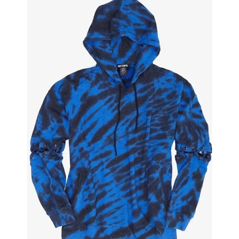 Hot Topic Blue & Black Lace-Up Sleeve Tie-Dye Girls Hoodie Size Small